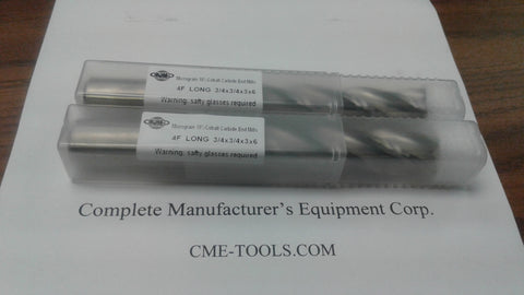 2pcs 3/4"x3x6 X-long length Carbide End Mills center-cutting 4 Flt #1006-34L600