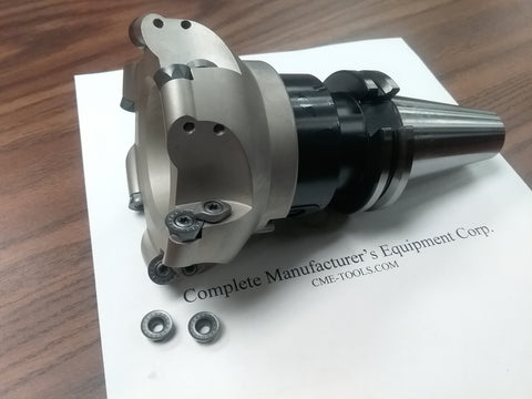 4" face mill R200, w. 6 Sandvik RCKT1204 round  inserts, w. CAT40 arbor#506-R200-4-new