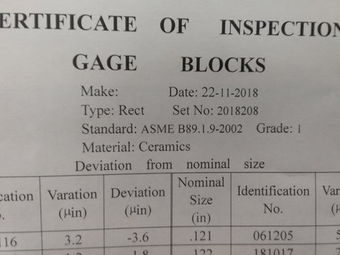 81 PCS Ceramic Gage Block Set Grade 1, NIST Equivalent certificate #702-CC01