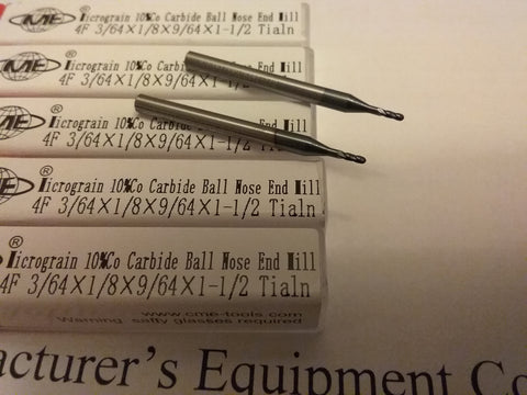5pcs 3/64" Carbide Ball End Mill Tialn Coated, 4flt single ball 1006-BTN-364