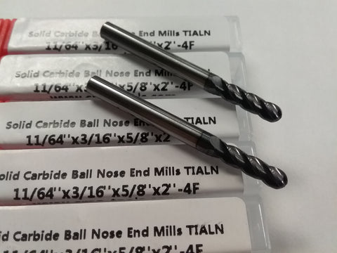 5pcs 11/64" Carbide Ball End Mill Tialn Coated, 4flt single ball 1006-BTN-1164
