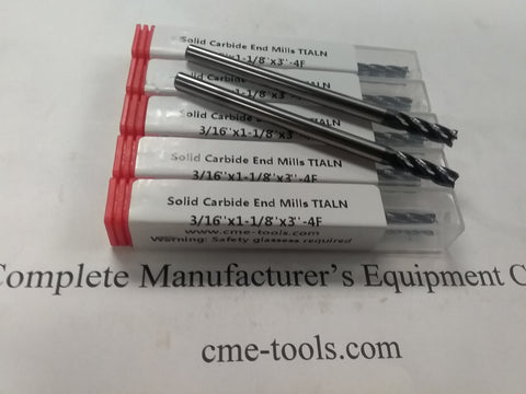 5pcs 3/16"x1-1/8x3 long length Carbide End Mills Tialn Coated 4 Flt S/E 1006-TN